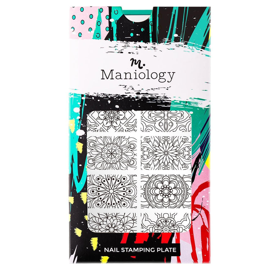 A nail stamping plate with 12 floral-inspired geometric designs by Maniology (m133).