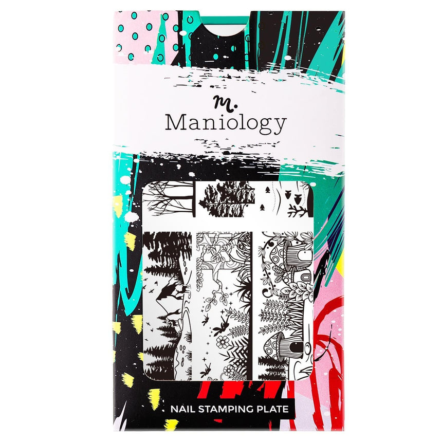 A nail stamping plate with a variety of beautiful terrains and sceneries such as underwater mermaids, fairy forest homes, and dragons flying across the sky by Maniology (m131).