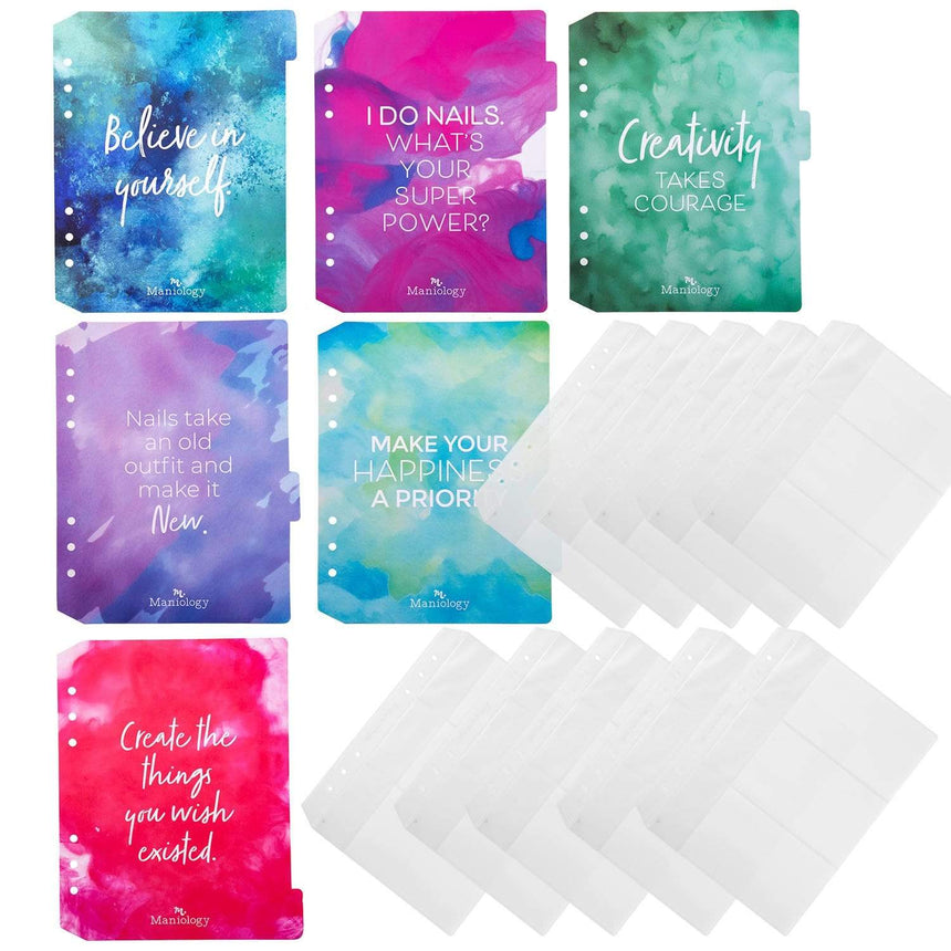 Nail Stamping Plate Organizer Binder Refill Set with 10 insert pages and 6 dividers for any A5 6-ring binder.