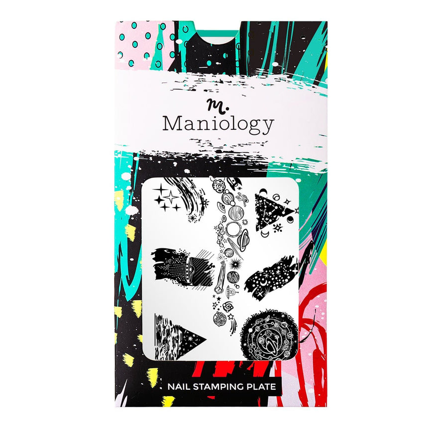 A nail stamping plate with space-themed geometric designs by Maniology (m024).