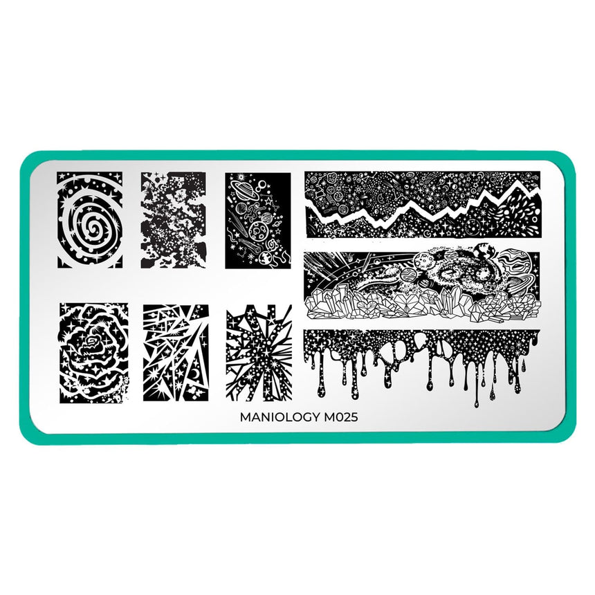 A nail stamping plate in 3 panoramic and 6 full nail designs in interstellar themes by Maniology (m025).