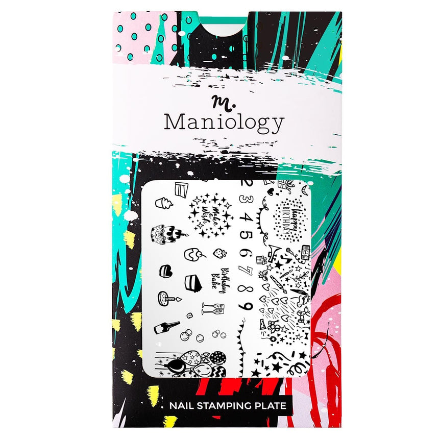 A nail stamping plate featuring lots of cute full nail designs, including numbers, cakes, confetti, balloons, candles and accent style by Maniology (m116).