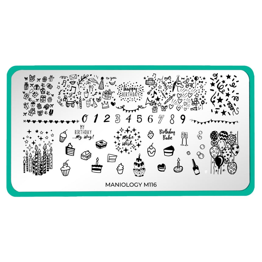 A nail stamping plate featuring lots of cute full nail designs, including numbers, cakes, confetti, balloons, candles and accent style by Maniology (m116).