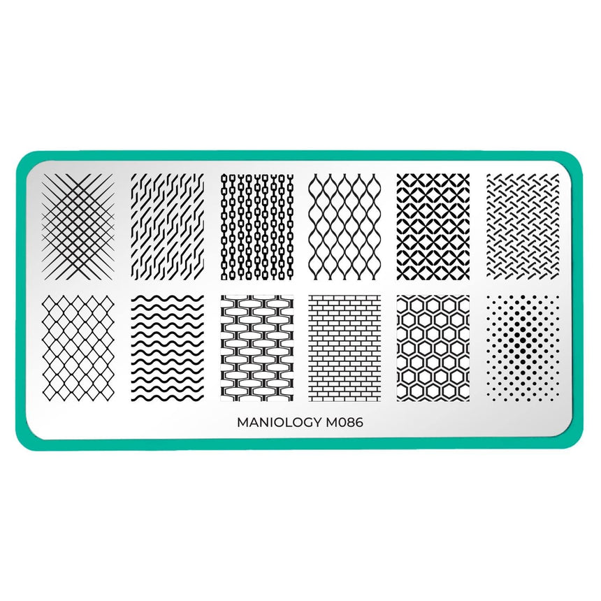 A nail stamping plate with fun patterns like fishnets, wavy stripes, brick, honeycomb, polka dots design by Maniology (m086).