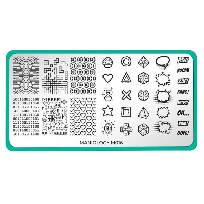 A nail stamping plate with pixelated hearts, mushrooms, and potions for a retro gaming mani designs by Maniology (m016).