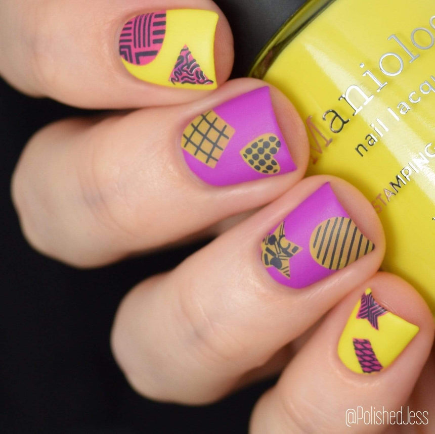 A manicured hand holding Neon Yellow Stamping Polish from School's Out collection Pencils Down (B286).