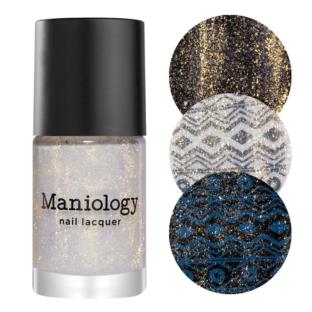 A Smudge-Free Twinkle Top Coat with fine iridescent glitters suspended in our smudge-free water-based formula by Maniology.