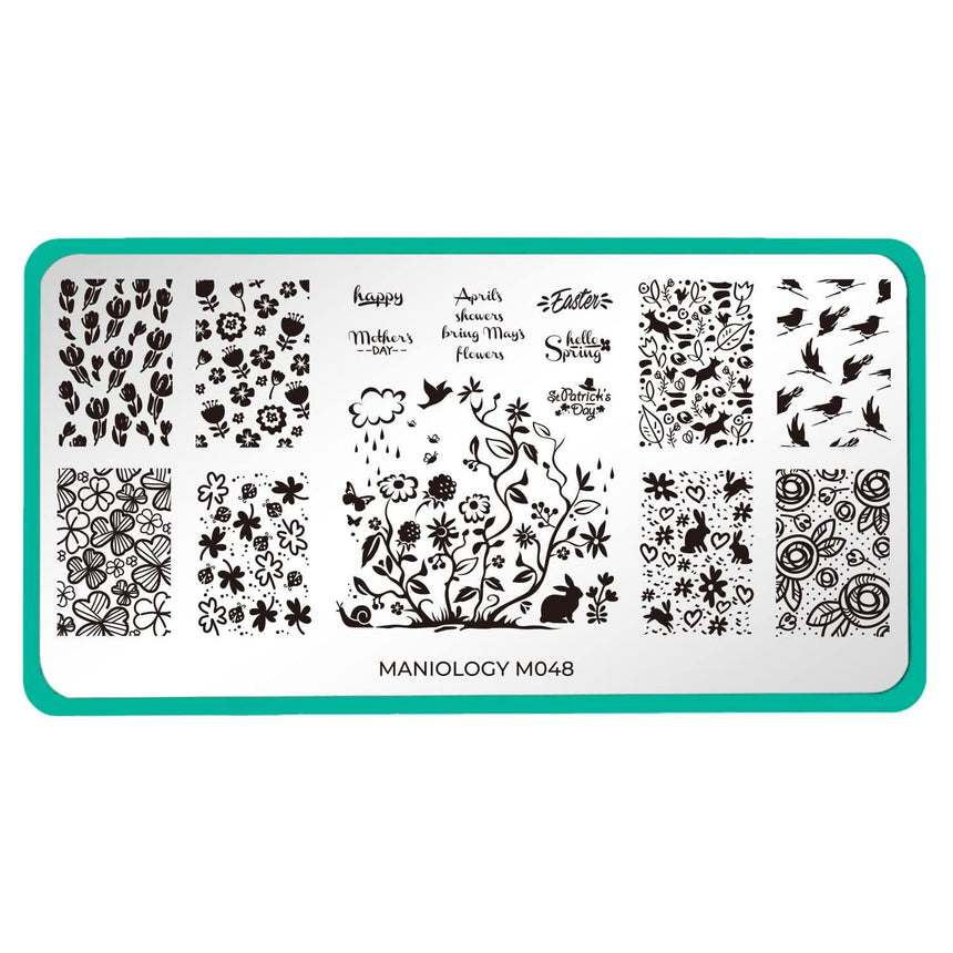 A nail stamping plate featuring a variety of full nail, accent, and buffet-style designs for St. Patrick's Day, Mothers' Day, Easter with lovers, bunnies, tulips, and rain clouds design by Maniology (m048).