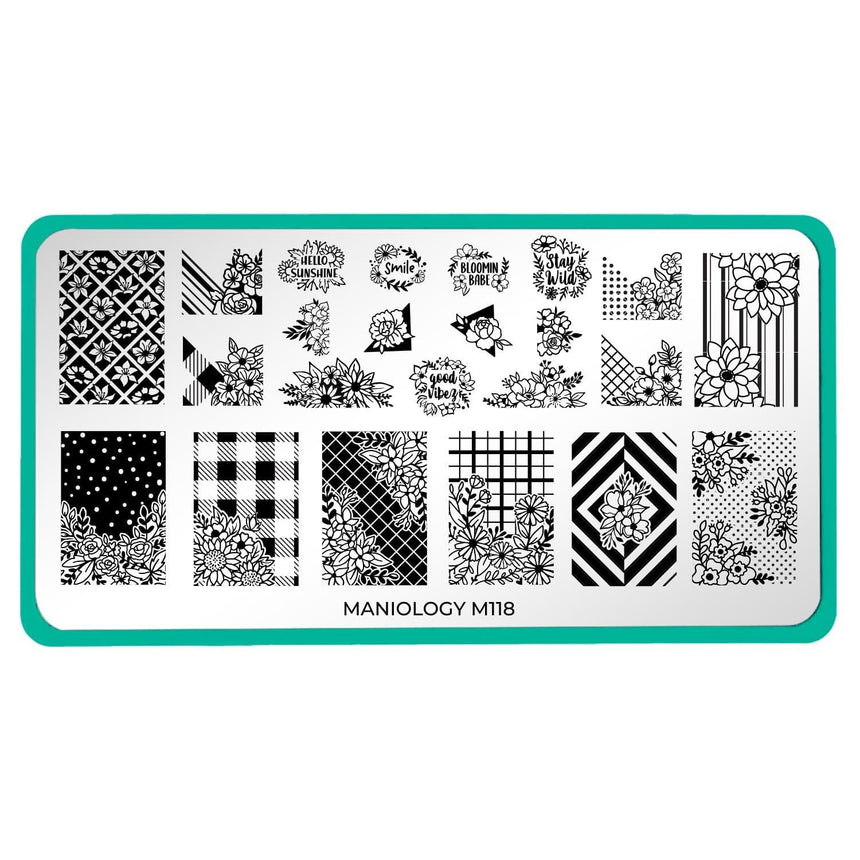 A nail stamping plate with a variety of patterns like gingham, polka dots, and plaid accented by beautiful, and blooming flowers by Maniology Petal Pusher (M118).
