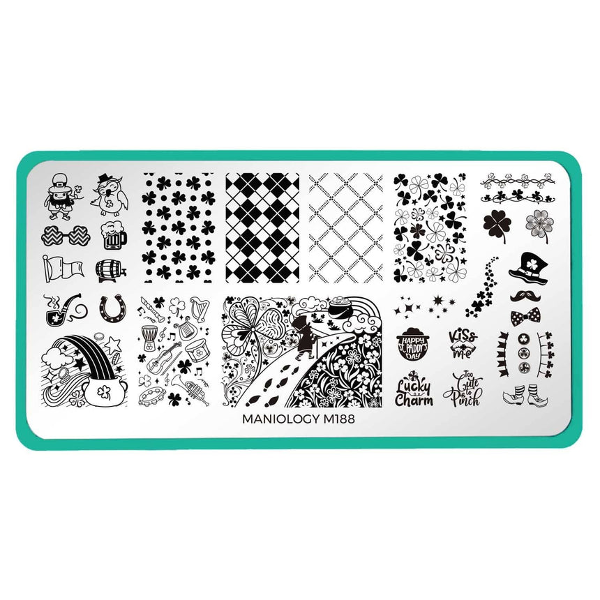 A nail stamping plate with plenty of pints and clovers all over and tons of St. Patrick's Day fun by Maniology (m188).