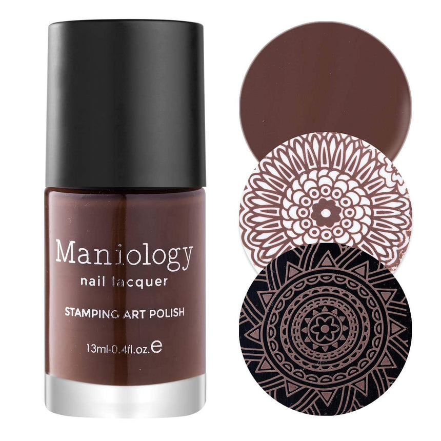 A warm chocolate brown stamping polish from Sugar + Spice collection by Maniology (B351).