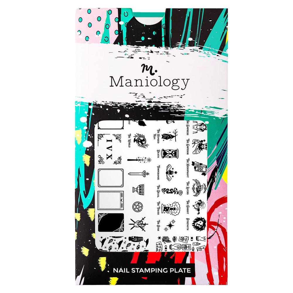 A nail stamping plate with a deck of 22 major arcana, tarot card frames, and mystical designs by Maniology (m072).