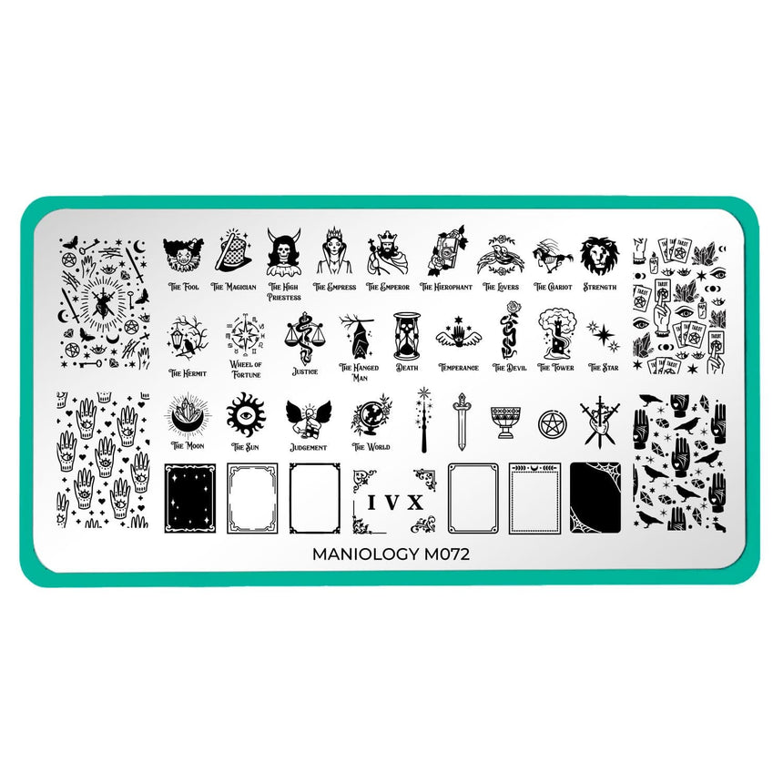 A nail stamping plate with a deck of 22 major arcana, tarot card frames, and mystical designs by Maniology (m072).
