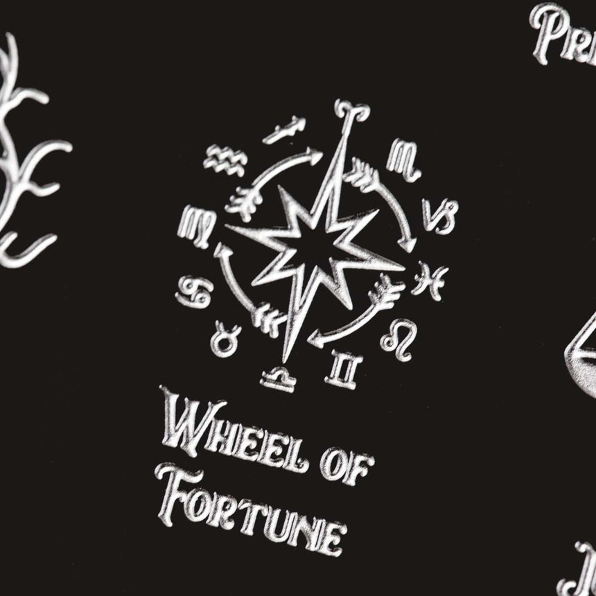 A nail stamping plate with a wheel of fortune designs.