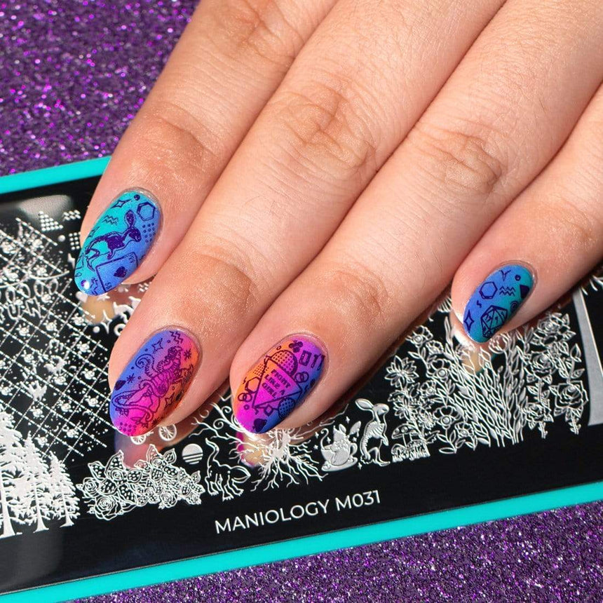 A manicured hand made with Totally Tubular Collection stamping polish by Maniology.