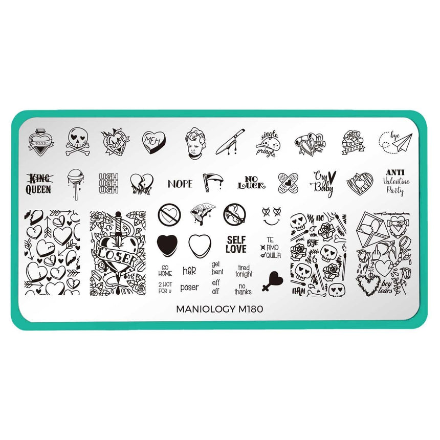 A nail stamping plate with customizable candy hearts, skulls, and love letters designs by Maniology Love Bites (m180).