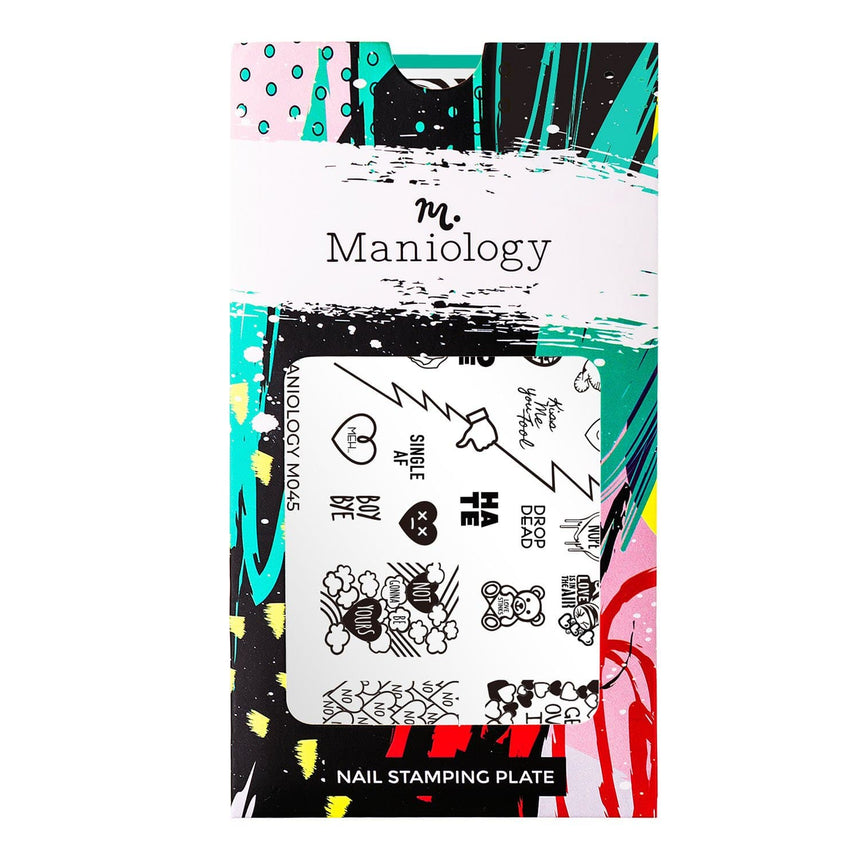 A nail stamping plate with a variety of anti-valentine's day designs including doves, kisses, and happy hearts.