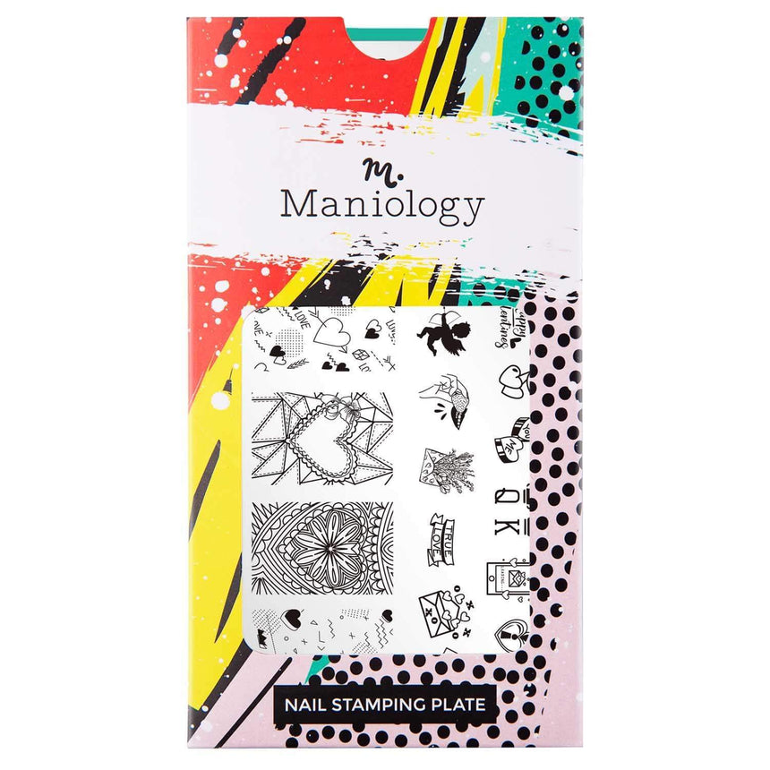 A nail stamping plate with Cherubs, Valentine's Day cards, and candy hearts designs by Maniology Paper Hearts (m181).