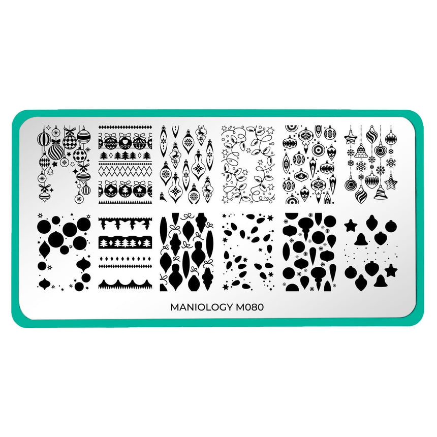 A nail stamping plate with 6 holiday-themed layering designs by Maniology Christmas Lights (m080).