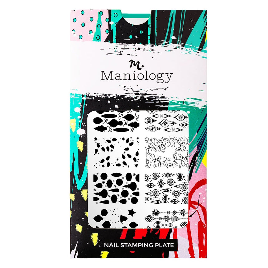 A nail stamping plate with 6 holiday-themed layering designs by Maniology Christmas Lights (m080).