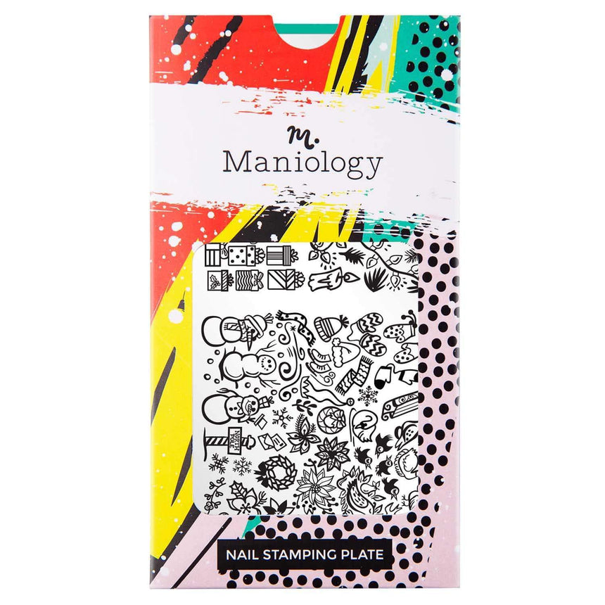 A nail stamping plate with gingerbread cookies, Christmas trees, snowmen and more designs by Maniology (m174).