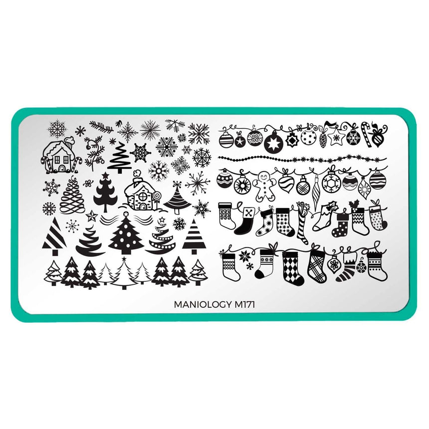 A nail stamping plate with a winter forest scene, festive garlands, sparkling ornaments, and cozy stockings designs by Maniology (m171).