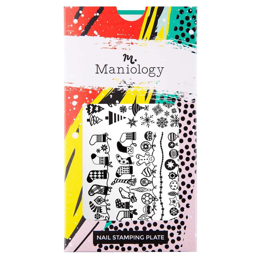 A nail stamping plate with a winter forest scene, festive garlands, sparkling ornaments, and cozy stockings designs by Maniology (m171).