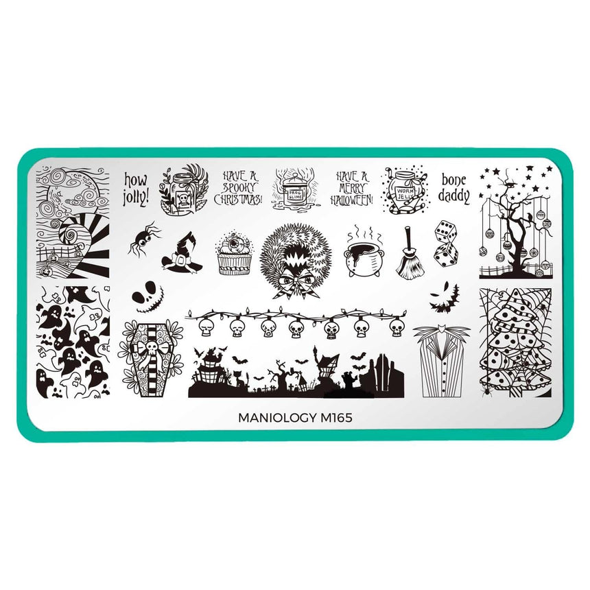 A nail stamping plate with smiling skeletons, dancing spirits, and wreaths with teeth designs by Maniology Pumpkin King (m165).