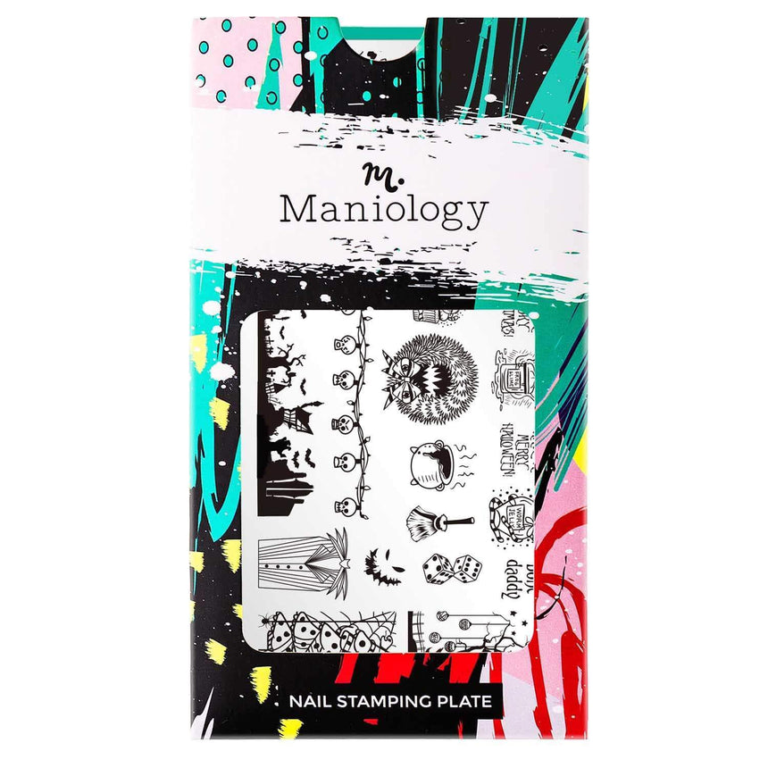 A nail stamping plate with smiling skeletons, dancing spirits, and wreaths with teeth designs by Maniology Pumpkin King (m165)