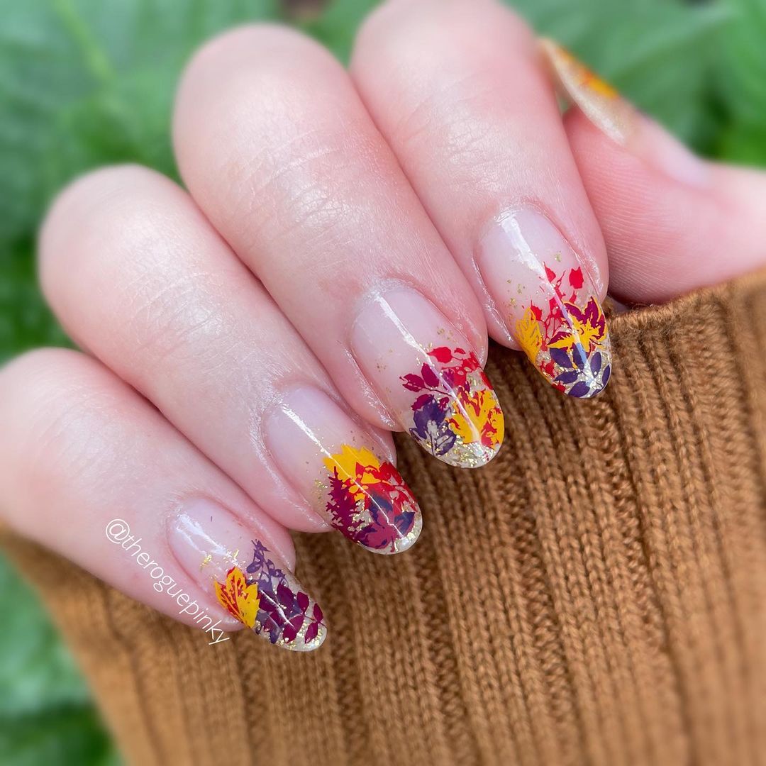 Fall French Tips (French tip style fall leaves in rich autumn colors): Fall Leaf Nail Designs