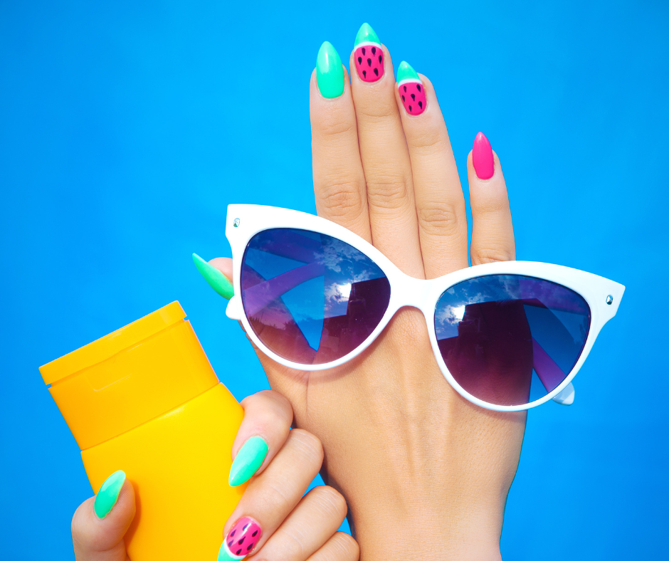 A watermelon manicure with sunglasses and sunscreen. Take the personality quiz to find out which of these summer 2023 nail art styles is perfect for you.