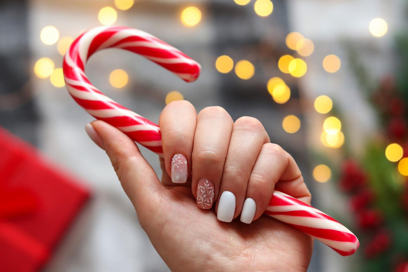 Red and White Christmas Nails Winter Nails Holiday Nails Press on Nails  Snowflakes Candy Cane Nails Set of 10 