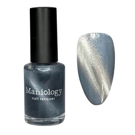 Maniology nail lacquer bottle with a silver glittery nail swatch on a white background