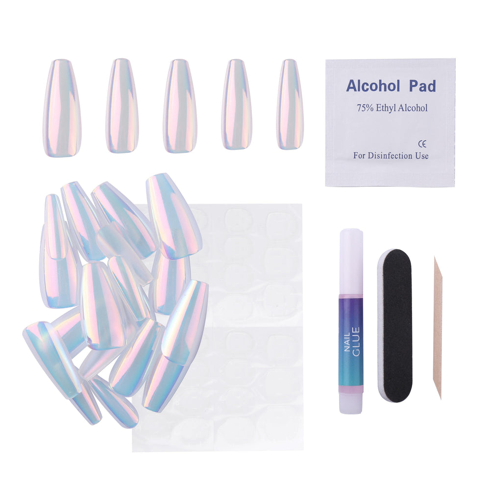 Iridescent Clear Press On Nails - Medium Coffin