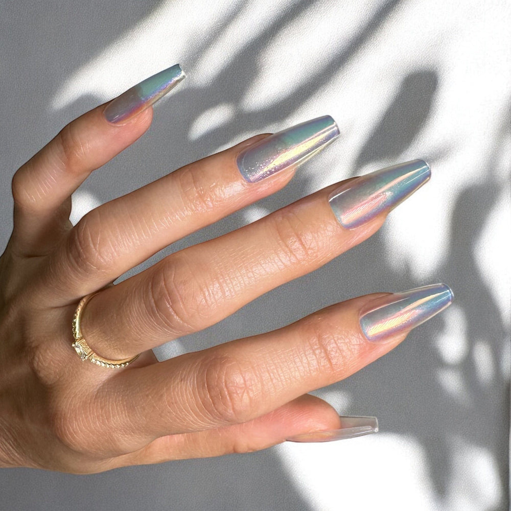 Iridescent Clear Press On Nails - Medium Coffin