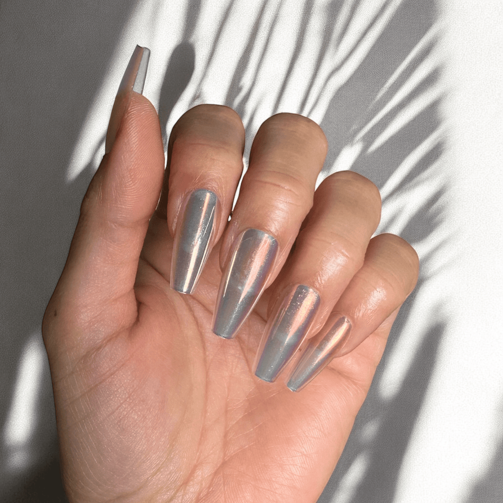 Iridescent Clear Press On Nails - Medium Coffin