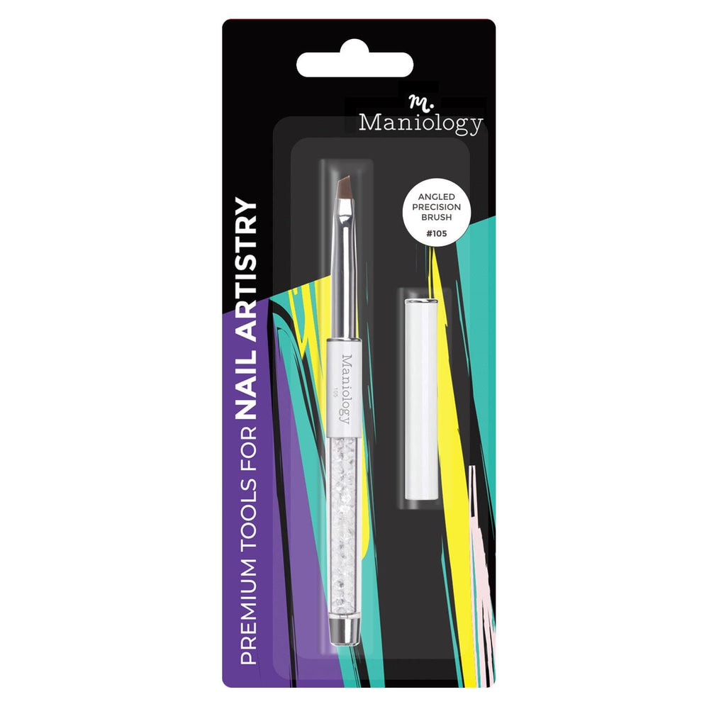 A Clean Up Brush Line Angled Precision Brush #105 that works incredibly well with gels, acrylic paints and polishes with a protective cap by Maniology.