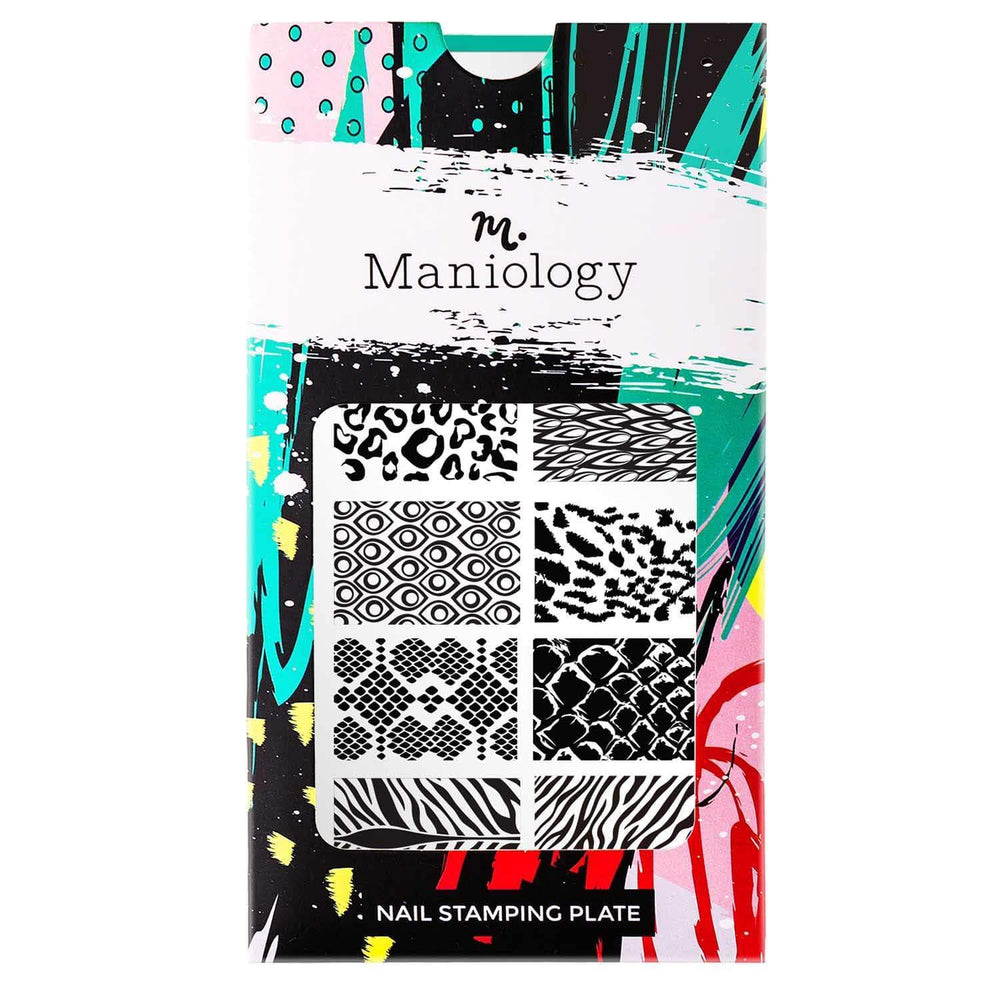 A nail stamping plate inspired by classic animal prints, with animal prints like cow, zebra, cheetah, snake, and more by Maniology (m089).