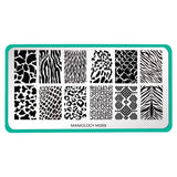 A nail stamping plate inspired by classic animal prints, with animal prints like cow, zebra, cheetah, snake, and more by Maniology (m089).