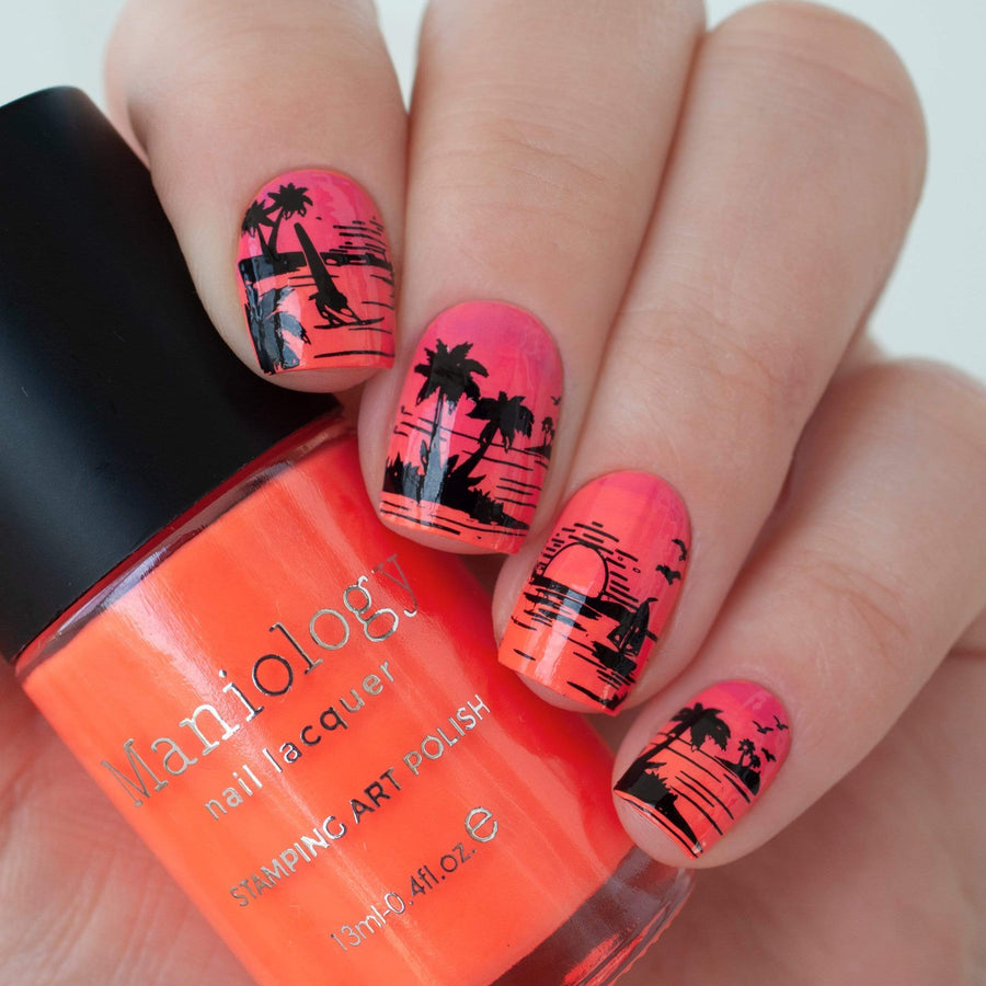 A manicured hand in orange with landscape designs holding a polish from Maniology.