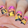 A manicured hand with landscape designs that has palm trees, birds, boat and a beautiful sunset by Maniology.