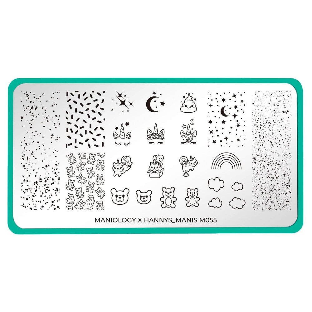 An Artist Collaboration (Hannys_Manis) nail stamping plate with sprinkles, moon, rainbow, clouds,  teddy bears, unicorns, and poop-galore and 7 full nail and 18 accent designs (m055).