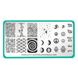 An Artist Collaboration (justagirlandhernails) nail stamping plate featuring 7 full nail and 17 accent designs with protective hamsa symbols, rose gardens, moon phases, and mermaid tails by Maniology (M005).