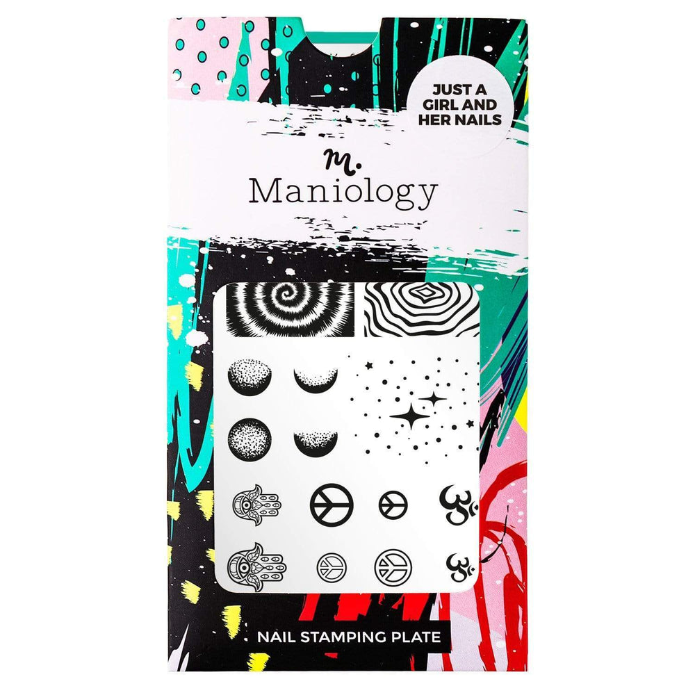 An Artist Collaboration (justagirlandhernails) nail stamping plate featuring 7 full nail and 17 accent designs with protective hamsa symbols, rose gardens, moon phases, and mermaid tails by Maniology (M005).