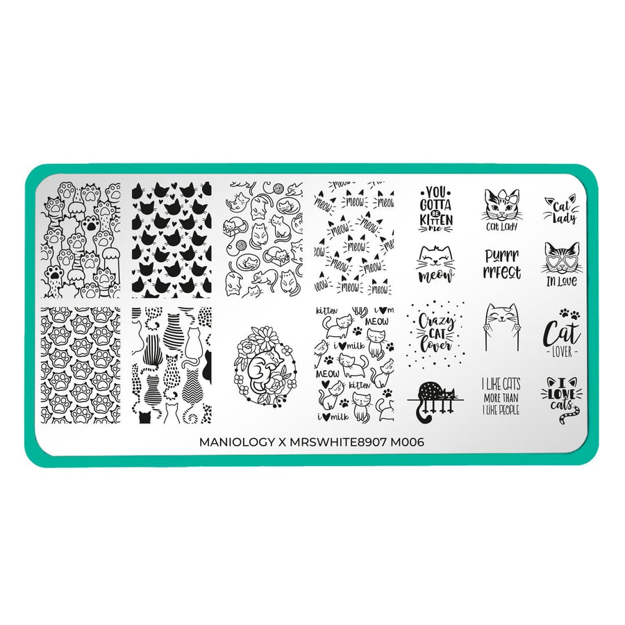 An Artist Collaboration (MrsWhite8907) nail stamping plate with 20 cat-themed designs by Maniology (Mrs. White m006)