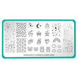 An Artist Collaboration (Hannys_Manis) nail stamping plate with sprinkles, moon, rainbow, clouds, teddy bears, unicorns, and poop-galore and 7 full nail and 18 accent designs (m055).