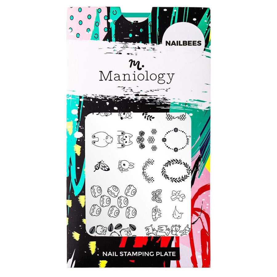 An Artist Collaboration (Nailbees) nail stamping plate featuring tons of kawaii full nail and accent style images with cute animals, floral frames, parakeets, piggies, deer, puppy butts design by Maniology (m007).