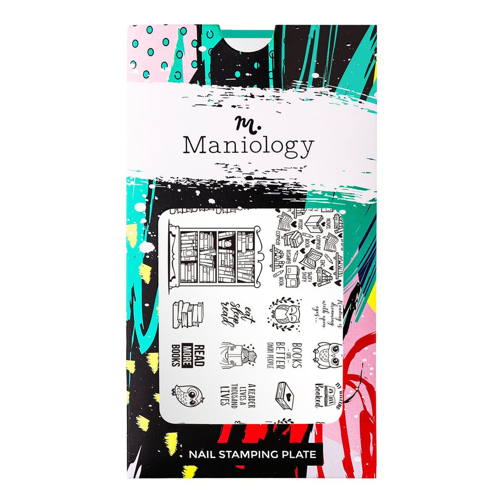 An Artist Collaboration (PolishedJess) nail stamping plate featuring tons of awesome full nail, accent, and buffet-style designs like bookshelves, owls, and pages piled high by Maniology (m057).