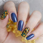  A manicured hand in blue with floral designs in a combination of yellow and green.