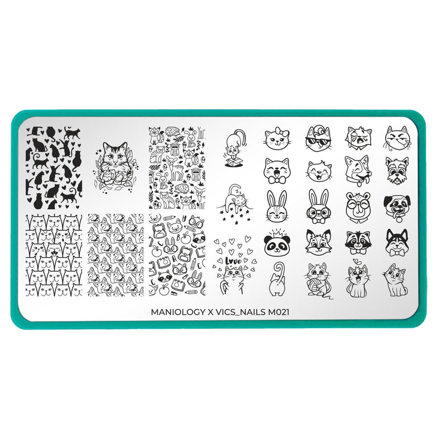 An Artist Collaboration (Vics_Nails) nail stamping plate with 6 full nail and 23 accent designs as well as cuddle cats, dogs, rabbits and more by Maniology (M021).